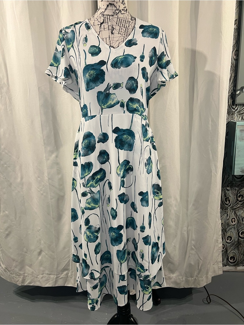 Alfani White Maxi Dress with Teal Floral Print